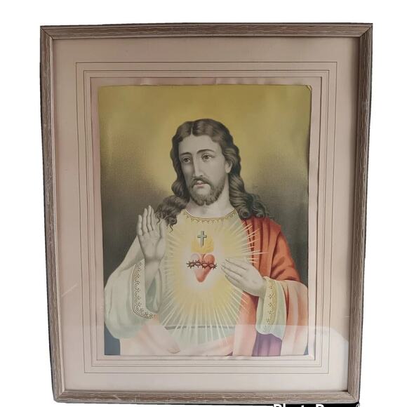 Sacred Heart of Jesus Framed Picture Print Thorns Catholic Religious Vintage